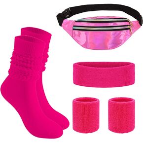 80s Neon Sweatband Set, Pink Sports Headband Wristband, Long Slouch Socks, Shiny Running Waist Bag for Yoga Workout Gym Tennis, 80s Party Costume Accessories, Breast Cancer Awareness Accessories