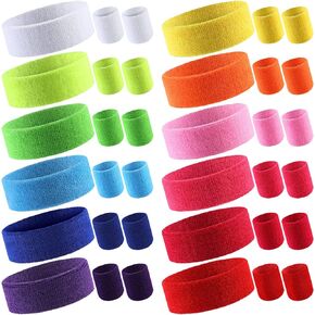 12 Sets Neon Kids Sweatbands Headband Colorful Wristband Set 80s Athletic Sweat Bands Bulk Gym Wristbands Football Wristbands for Men Women Activities Sports Basketball Tennis