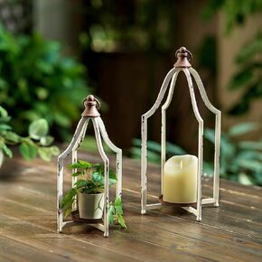 Staymoment Metal Lantern Decorative Set of 2 - Rustic Farmhouse Candle Holder Hanging Lanterns for Table Centerpiece Fireplace Mantle Shelf Porch, 15" & 11" Modern Home Decor Indoor Outdoor, White