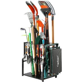 YueTong Garden Tool Organizer Heavy Duty,Yard Tool Tower Rack,Garage Storage Organization for Long Handle Tools,Rake,Brooms,Extra Hooks for Small Shovel,Shear.All Metal,Free Standing.