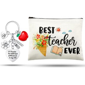 Fumete Teacher Appreciation Gifts Set for Women Best Teacher Ever Makeup Bag Teacher Keychain with Initial for Teacher Appreciation Week