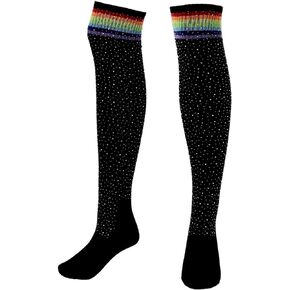 Tgirls Rhinsetone Over Knee Stockings Cotton Thigh-High Socks Crystal Striped Warm Winter Long Socks for Women and Girls