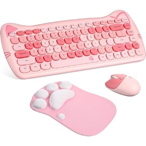 Saysurey 13.6 x 6 x 1 Cute Cat Keyboard and Mouse Sets Wireless with Cat Paw Mouse Pad for Girls and Kids, Keyboard Mouse Combo Silent Colorful 84 Keys 2.4 GHz Connectivity for Office Computer