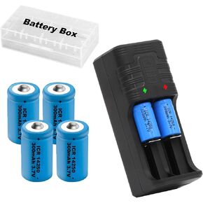 14250 Battery Charger with 4X 300mah 14250 Battery, 4 Pack Lithium Ion 1/2 AA Size Batteries Can Replace 3.6 Volt LS 14250, ER14250, 3v CR14250 Battery for Laser