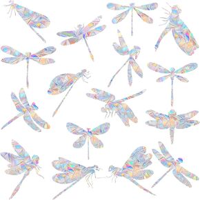 16 Pieces Dragonfly Window Clings - Anti-Collision Window Decals to Save Birds from Window Collisions,Non Adhesive Prismatic Vinyl Window Clings, Rainbow Stickers (Rainbow 16 Pieces)