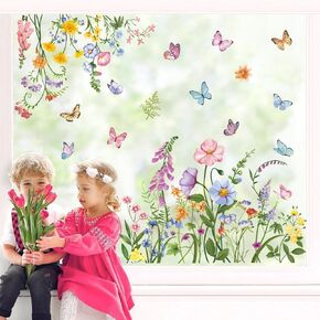 wondever Spring Garden Flower Window Clings Hummingbird Floral Butterfly Glass Decal Anti Collision Double-Side Static Window Stickers for Home Glass Window