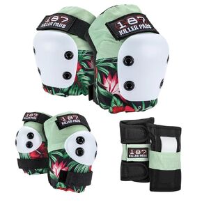 187 Killer Pads Skateboarding Knee Pads, Elbow Pads, and Wrist Guards, Six Pack Pad Set, Hibiscus, Junior