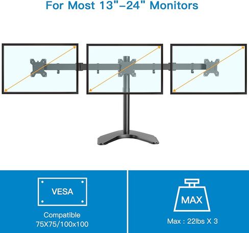 حامل شاشة ثلاثي HUANUO، حامل مكتب ثلاثي قائم بذاته للشاشات حتى 24 بوصة، ذراع شاشة عالي التحمل قابل للتعديل بالكامل، يحمل ما يصل إلى 22 رطلًا لكل منهما، VESA 75x75 أو 100x100 in Kuwait