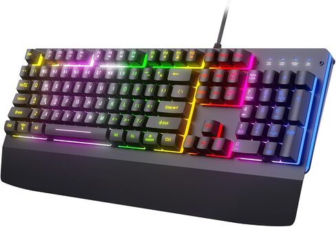Wired Gaming Keyboard, RGB Light Up Keyboard with Wrist Rest, 104Keys All Metal Panel Rainbow Backlit Keyboard for Gaming, Silent Computer Keyboard with Multimedia Anti-ghosting Keys for PC Mac Xbox in Saudi Arabia