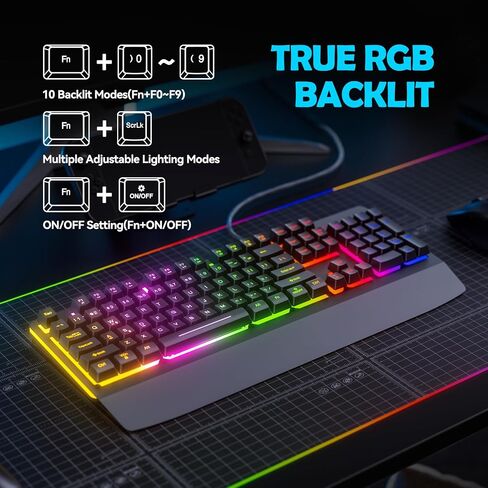 Wired Gaming Keyboard, RGB Light Up Keyboard with Wrist Rest, 104Keys All Metal Panel Rainbow Backlit Keyboard for Gaming, Silent Computer Keyboard with Multimedia Anti-ghosting Keys for PC Mac Xbox in Saudi Arabia