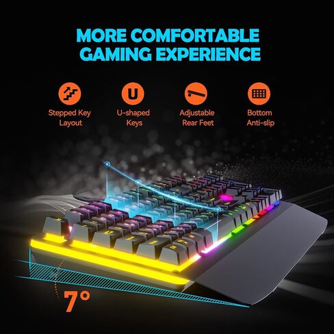Wired Gaming Keyboard, RGB Light Up Keyboard with Wrist Rest, 104Keys All Metal Panel Rainbow Backlit Keyboard for Gaming, Silent Computer Keyboard with Multimedia Anti-ghosting Keys for PC Mac Xbox in Saudi Arabia