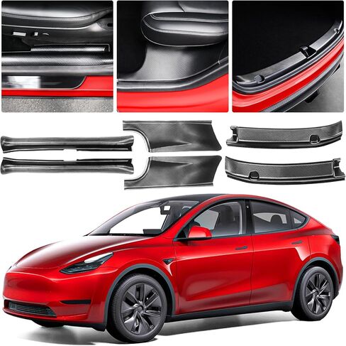 KSGMFED 6 قطع من واقيات حافة الباب وواقيات مصد خلفي متوافقة مع ملحقات 2023 2022 2021 Tesla Model Y، مجموعة كاملة من الملحقات الداخلية لحافة صندوق السيارة الخلفي وعتبة الباب (ألياف الكربون ثلاثية الأبعاد) in Saudi Arabia