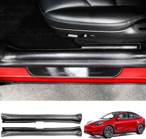 KSGMFED 6 قطع من واقيات حافة الباب وواقيات مصد خلفي متوافقة مع ملحقات 2023 2022 2021 Tesla Model Y، مجموعة كاملة من الملحقات الداخلية لحافة صندوق السيارة الخلفي وعتبة الباب (ألياف الكربون ثلاثية الأبعاد) in Saudi Arabia