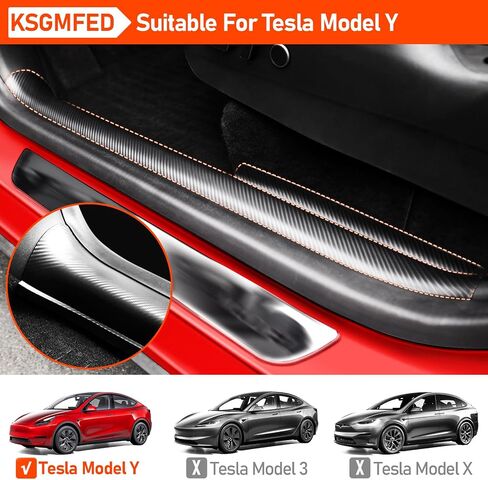 KSGMFED 6 قطع من واقيات حافة الباب وواقيات مصد خلفي متوافقة مع ملحقات 2023 2022 2021 Tesla Model Y، مجموعة كاملة من الملحقات الداخلية لحافة صندوق السيارة الخلفي وعتبة الباب (ألياف الكربون ثلاثية الأبعاد) in Saudi Arabia