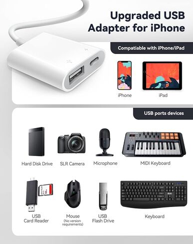 محول Fubiaofei USB لأجهزة iPhone iPad، ومحول iPhone إلى USB مع منفذ شحن، ومحول USB3 أنثى يدعم محرك فلاش USB/القرص الصلب/قارئ بطاقة SD/الميكروفون وMIDI، التوصيل والتشغيل in Kuwait