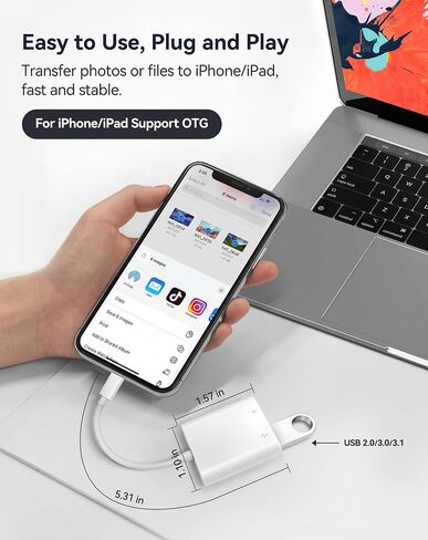 محول Fubiaofei USB لأجهزة iPhone iPad، ومحول iPhone إلى USB مع منفذ شحن، ومحول USB3 أنثى يدعم محرك فلاش USB/القرص الصلب/قارئ بطاقة SD/الميكروفون وMIDI، التوصيل والتشغيل in Kuwait