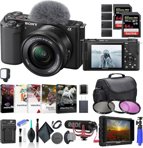 Sony ZV-E10 Mirrorless Camera with 16-50mm Lens Black ILCZV-E10L/B, 4K Monitor, Pro Mic, 2 x 64GB Memory Card, Filter Kit, Corel Photo Software, Bag, 3 x NPF-W50 Battery, and More in Saudi Arabia