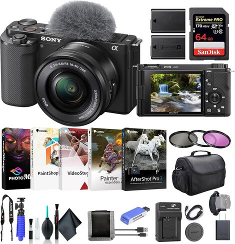 Sony ZV-E10 Mirrorless Camera with 16-50mm Lens Black ILCZV-E10L/B, 64GB Memory Card, Filter Kit, Corel Photo Software, Bag, NPF-W50 Battery, External Charger, Card Reader, and More in Saudi Arabia