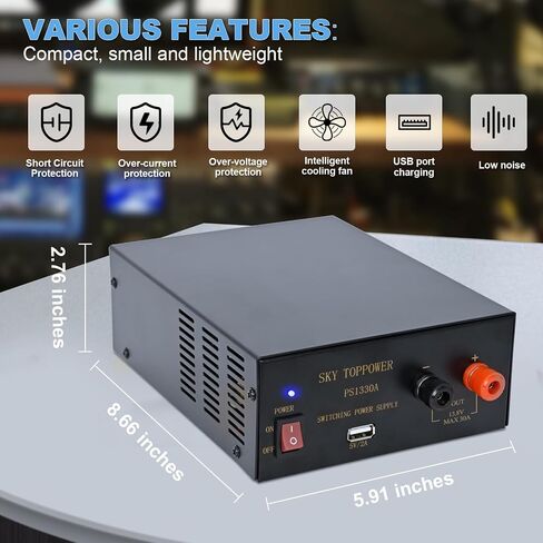 13.8V 30a Ham Radio Power Supply-Compact Regulated Bench Power Supply Home Lab Benchtop AC-to-DC Converter,Cooling Fan,5V/2A USB Interface,Powering Ham Radio,Amplifiers,Sky TOPPOWER-PS1330A in Saudi Arabia