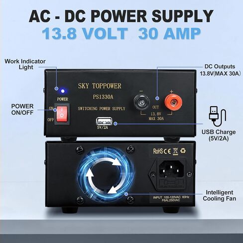 13.8V 30a Ham Radio Power Supply-Compact Regulated Bench Power Supply Home Lab Benchtop AC-to-DC Converter,Cooling Fan,5V/2A USB Interface,Powering Ham Radio,Amplifiers,Sky TOPPOWER-PS1330A in Saudi Arabia