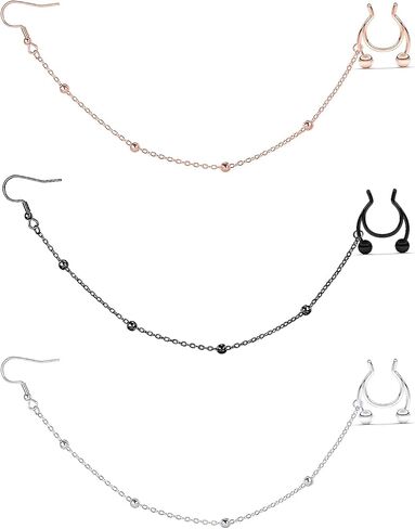 Dyknasz Fake Septum Rings Indian Septum Nose to Ear Chain Dangle Earrings Faux Nose Rings Hoop Non Pierced Clip on Septum Jewelry for Women in Saudi Arabia