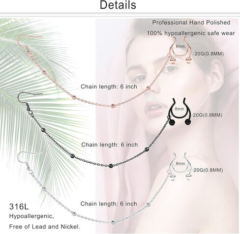 Dyknasz Fake Septum Rings Indian Septum Nose to Ear Chain Dangle Earrings Faux Nose Rings Hoop Non Pierced Clip on Septum Jewelry for Women in Saudi Arabia