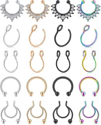 MDFUN وهمية الحاجز الأنف خواتم هوب الفولاذ المقاوم للصدأ فو الشفاه الأذن الأنف حلقة غير ثقب كليب على الأنف خواتم الحاجز مجوهرات للنساء الرجال 20PCS هدايا عيد الحب المجوهرات in Kuwait