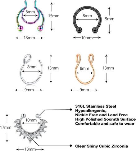 MDFUN وهمية الحاجز الأنف خواتم هوب الفولاذ المقاوم للصدأ فو الشفاه الأذن الأنف حلقة غير ثقب كليب على الأنف خواتم الحاجز مجوهرات للنساء الرجال 20PCS هدايا عيد الحب المجوهرات in Kuwait