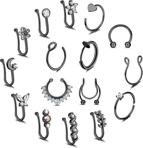 MUSECLOUD Fake Nose Rings 16Pcs Stainless Steel Faux Piercing Jewelry 14K Gold Plated Nose Cuff non piercing Lip Septum Rings Fake Clip On Nose Rings for Women Men in Kuwait