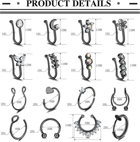 MUSECLOUD Fake Nose Rings 16Pcs Stainless Steel Faux Piercing Jewelry 14K Gold Plated Nose Cuff non piercing Lip Septum Rings Fake Clip On Nose Rings for Women Men in Kuwait