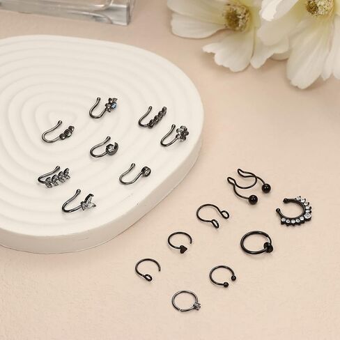 MUSECLOUD Fake Nose Rings 16Pcs Stainless Steel Faux Piercing Jewelry 14K Gold Plated Nose Cuff non piercing Lip Septum Rings Fake Clip On Nose Rings for Women Men in Kuwait