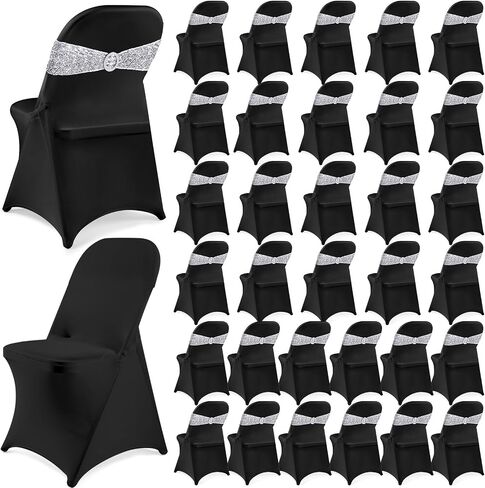 Breling 64 Pcs 32 Sets Folding Chair Cover and Chair Sashes Set Spandex Stretch Chair Slipcovers Elastic Chair Ties Chair Bands Bows with Buckle Slider for Wedding Banquet Party (Black,Silver) in Saudi Arabia