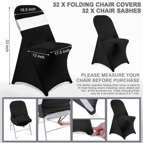 Breling 64 Pcs 32 Sets Folding Chair Cover and Chair Sashes Set Spandex Stretch Chair Slipcovers Elastic Chair Ties Chair Bands Bows with Buckle Slider for Wedding Banquet Party (Black,Silver) in Saudi Arabia