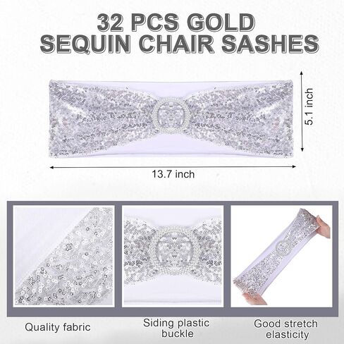 Breling 64 Pcs 32 Sets Folding Chair Cover and Chair Sashes Set Spandex Stretch Chair Slipcovers Elastic Chair Ties Chair Bands Bows with Buckle Slider for Wedding Banquet Party (Black,Silver) in Saudi Arabia
