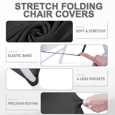 Breling 64 Pcs 32 Sets Folding Chair Cover and Chair Sashes Set Spandex Stretch Chair Slipcovers Elastic Chair Ties Chair Bands Bows with Buckle Slider for Wedding Banquet Party (Black,Silver) in Saudi Arabia