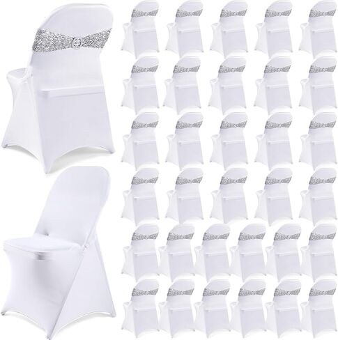 Breling 64 Pcs 32 Sets Folding Chair Cover and Chair Sashes Set Spandex Stretch Chair Slipcovers Elastic Chair Ties Chair Bands Bows with Buckle Slider for Wedding Banquet Party (Black,Silver) in Saudi Arabia