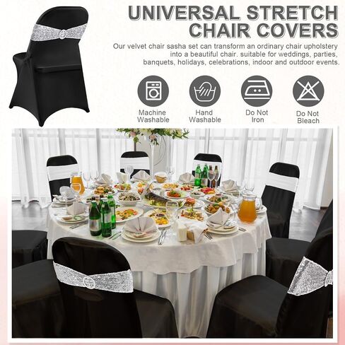 Breling 64 Pcs 32 Sets Folding Chair Cover and Chair Sashes Set Spandex Stretch Chair Slipcovers Elastic Chair Ties Chair Bands Bows with Buckle Slider for Wedding Banquet Party (Black,Silver) in Saudi Arabia