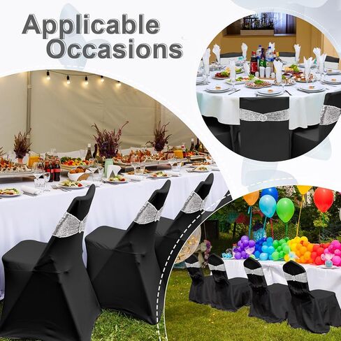 Breling 64 Pcs 32 Sets Folding Chair Cover and Chair Sashes Set Spandex Stretch Chair Slipcovers Elastic Chair Ties Chair Bands Bows with Buckle Slider for Wedding Banquet Party (Black,Silver) in Saudi Arabia