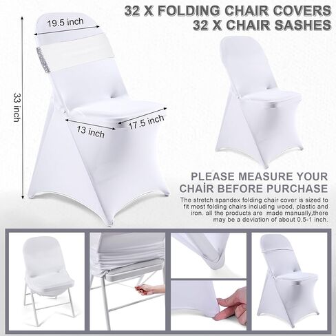 Breling 64 Pcs 32 Sets Folding Chair Cover and Chair Sashes Set Spandex Stretch Chair Slipcovers Elastic Chair Ties Chair Bands Bows with Buckle Slider for Wedding Banquet Party (Black,Silver) in Saudi Arabia