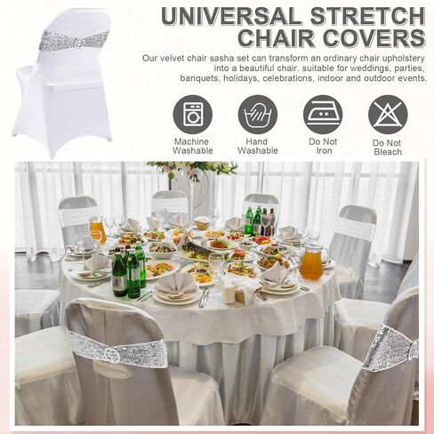 Breling 64 Pcs 32 Sets Folding Chair Cover and Chair Sashes Set Spandex Stretch Chair Slipcovers Elastic Chair Ties Chair Bands Bows with Buckle Slider for Wedding Banquet Party (Black,Silver) in Saudi Arabia