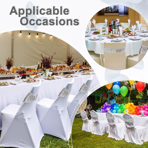 Breling 64 Pcs 32 Sets Folding Chair Cover and Chair Sashes Set Spandex Stretch Chair Slipcovers Elastic Chair Ties Chair Bands Bows with Buckle Slider for Wedding Banquet Party (Black,Silver) in Saudi Arabia
