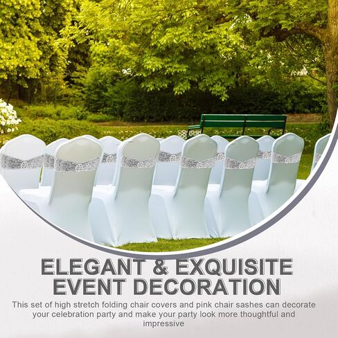 Breling 64 Pcs 32 Sets Folding Chair Cover and Chair Sashes Set Spandex Stretch Chair Slipcovers Elastic Chair Ties Chair Bands Bows with Buckle Slider for Wedding Banquet Party (Black,Silver) in Saudi Arabia