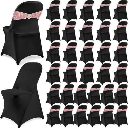 Breling 64 Pcs 32 Sets Folding Chair Cover and Chair Sashes Set Spandex Stretch Chair Slipcovers Elastic Chair Ties Chair Bands Bows with Buckle Slider for Wedding Banquet Party (Black,Silver) in Saudi Arabia