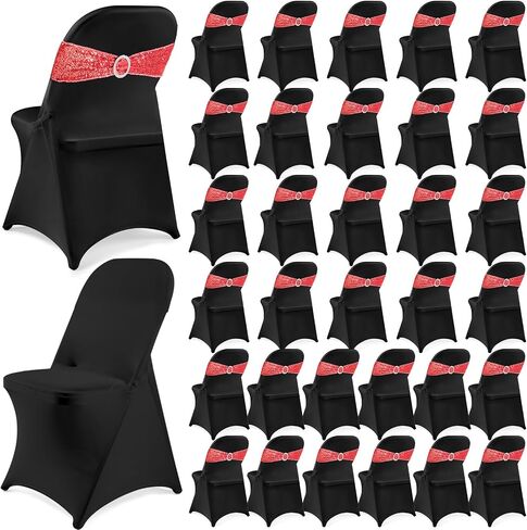 Breling 64 Pcs 32 Sets Folding Chair Cover and Chair Sashes Set Spandex Stretch Chair Slipcovers Elastic Chair Ties Chair Bands Bows with Buckle Slider for Wedding Banquet Party (Black,Silver) in Saudi Arabia