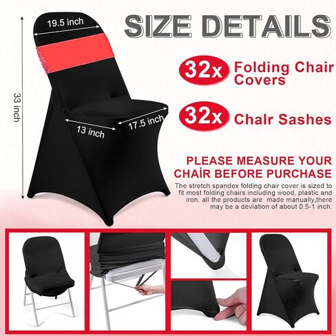 Breling 64 Pcs 32 Sets Folding Chair Cover and Chair Sashes Set Spandex Stretch Chair Slipcovers Elastic Chair Ties Chair Bands Bows with Buckle Slider for Wedding Banquet Party (Black,Silver) in Saudi Arabia