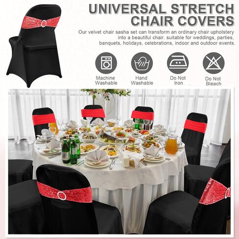 Breling 64 Pcs 32 Sets Folding Chair Cover and Chair Sashes Set Spandex Stretch Chair Slipcovers Elastic Chair Ties Chair Bands Bows with Buckle Slider for Wedding Banquet Party (Black,Silver) in Saudi Arabia