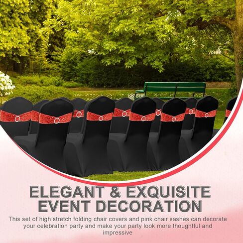 Breling 64 Pcs 32 Sets Folding Chair Cover and Chair Sashes Set Spandex Stretch Chair Slipcovers Elastic Chair Ties Chair Bands Bows with Buckle Slider for Wedding Banquet Party (Black,Silver) in Saudi Arabia