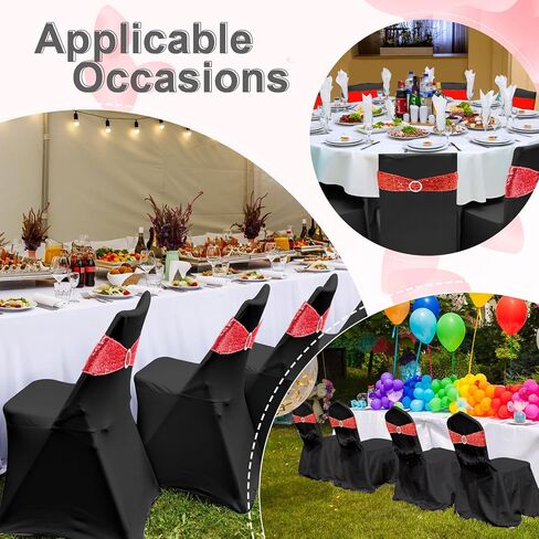 Breling 64 Pcs 32 Sets Folding Chair Cover and Chair Sashes Set Spandex Stretch Chair Slipcovers Elastic Chair Ties Chair Bands Bows with Buckle Slider for Wedding Banquet Party (Black,Silver) in Saudi Arabia