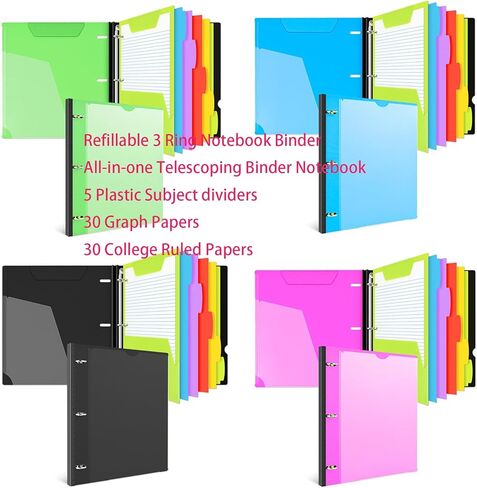 LETVPVOW All-in-one Telescoping Binder Notebook, Refillable 3 Ring Notebook Binder with 1 Plastic Movable Pocket Folder, 5 Plastic Subject dividers 30 Graph Papers, and 30 College Ruled Papers- Blue in Saudi Arabia