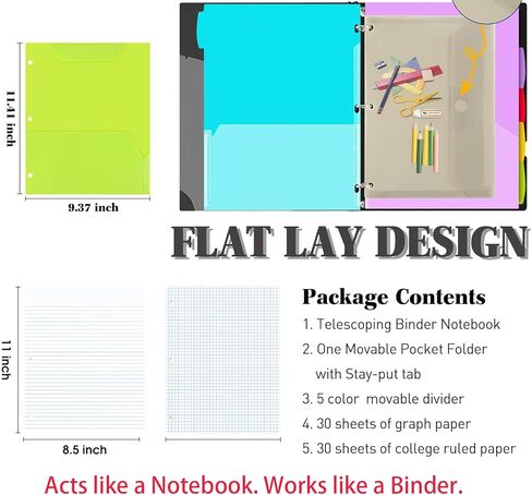 LETVPVOW All-in-one Telescoping Binder Notebook, Refillable 3 Ring Notebook Binder with 1 Plastic Movable Pocket Folder, 5 Plastic Subject dividers 30 Graph Papers, and 30 College Ruled Papers- Blue in Saudi Arabia